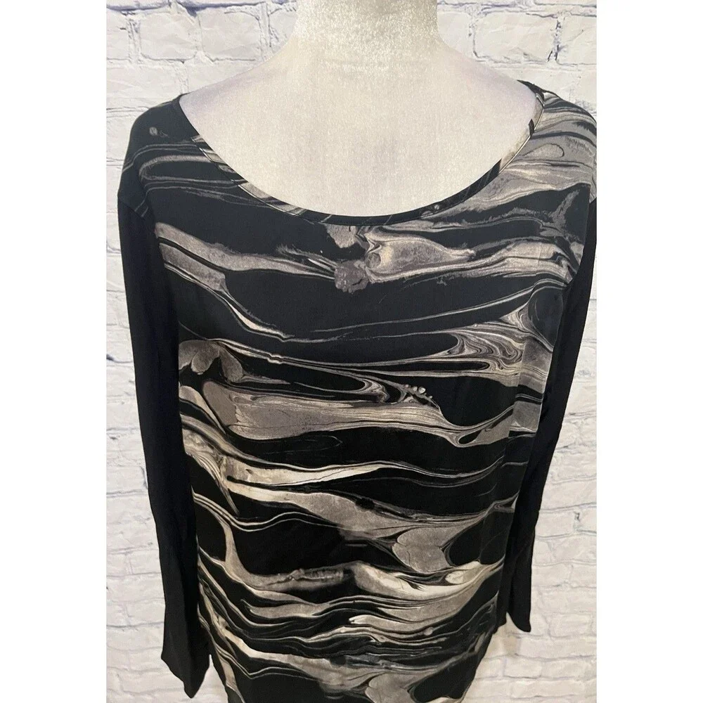 DKNYC Women's Round Neck Long Sleeve Black Gray Print Blouse Size XL - Picture 2 of 7